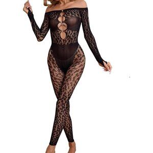Women's Black Lingerie: Fishnet Bodysuit Teddy w/ Sparkle Rhinestone Mesh